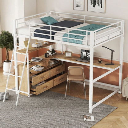 Hochbett, 140*200cm , Eisenrahmenbett, praktische Schubladen, stilvoller L-förmiger Schreibtisch, Laminatdesign, Ohne Matratze, Weiß