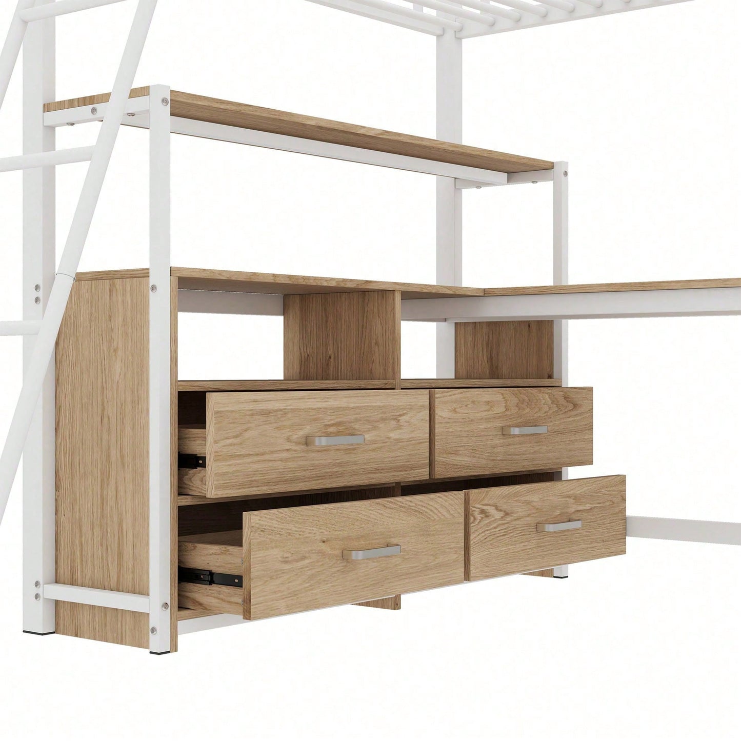 Hochbett, 140*200cm , Eisenrahmenbett, praktische Schubladen, stilvoller L-förmiger Schreibtisch, Laminatdesign, Ohne Matratze, Weiß