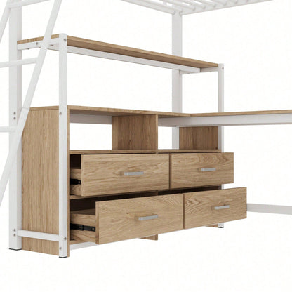 Hochbett, 140*200cm , Eisenrahmenbett, praktische Schubladen, stilvoller L-förmiger Schreibtisch, Laminatdesign, Ohne Matratze, Weiß