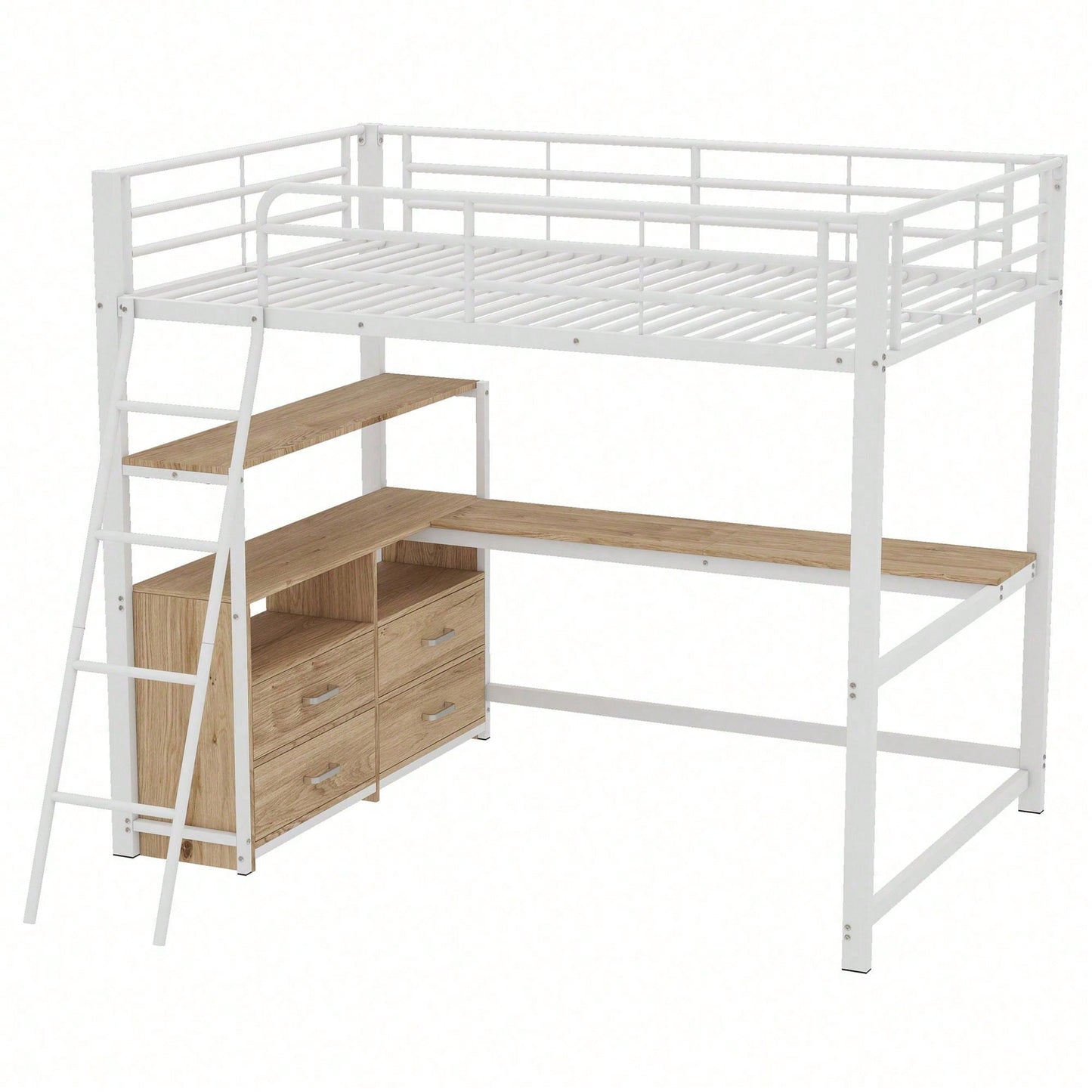 Hochbett, 140*200cm , Eisenrahmenbett, praktische Schubladen, stilvoller L-förmiger Schreibtisch, Laminatdesign, Ohne Matratze, Weiß