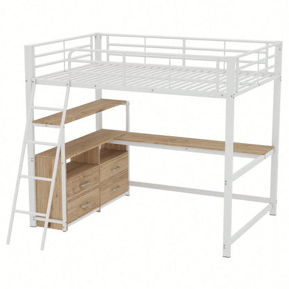Hochbett, 140*200cm , Eisenrahmenbett, praktische Schubladen, stilvoller L-förmiger Schreibtisch, Laminatdesign, Ohne Matratze, Weiß