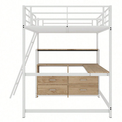 Hochbett, 140*200cm , Eisenrahmenbett, praktische Schubladen, stilvoller L-förmiger Schreibtisch, Laminatdesign, Ohne Matratze, Weiß