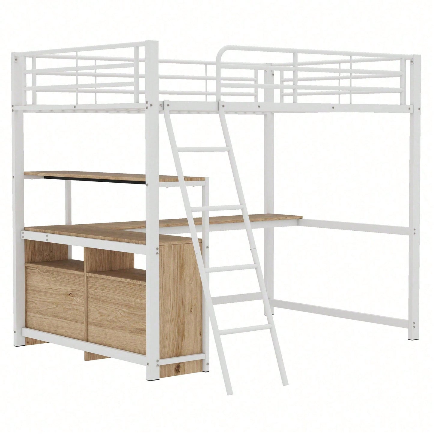 Hochbett, 140*200cm , Eisenrahmenbett, praktische Schubladen, stilvoller L-förmiger Schreibtisch, Laminatdesign, Ohne Matratze, Weiß