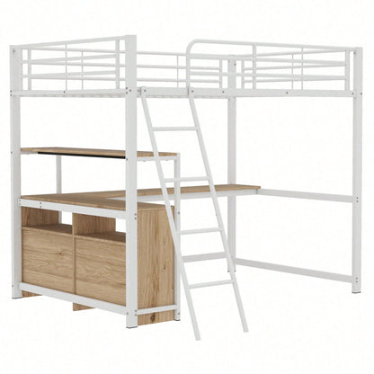 Hochbett, 140*200cm , Eisenrahmenbett, praktische Schubladen, stilvoller L-förmiger Schreibtisch, Laminatdesign, Ohne Matratze, Weiß