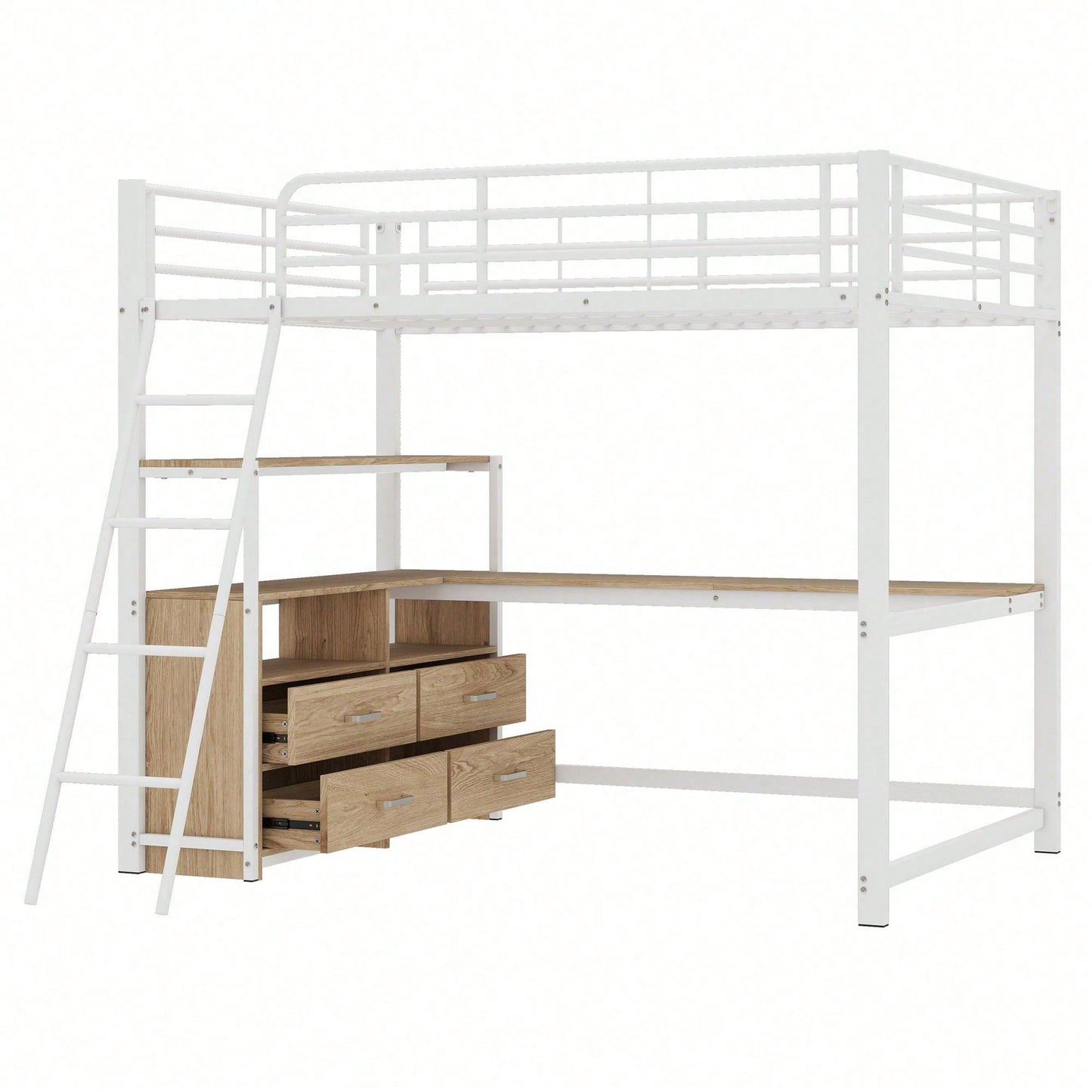 Hochbett, 140*200cm , Eisenrahmenbett, praktische Schubladen, stilvoller L-förmiger Schreibtisch, Laminatdesign, Ohne Matratze, Weiß