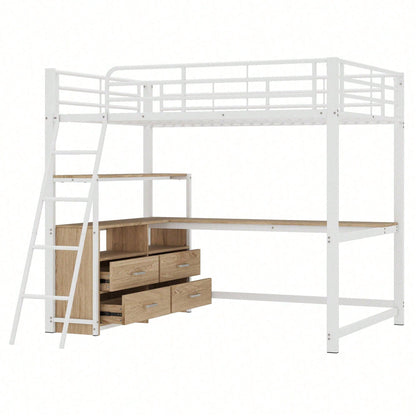 Hochbett, 140*200cm , Eisenrahmenbett, praktische Schubladen, stilvoller L-förmiger Schreibtisch, Laminatdesign, Ohne Matratze, Weiß