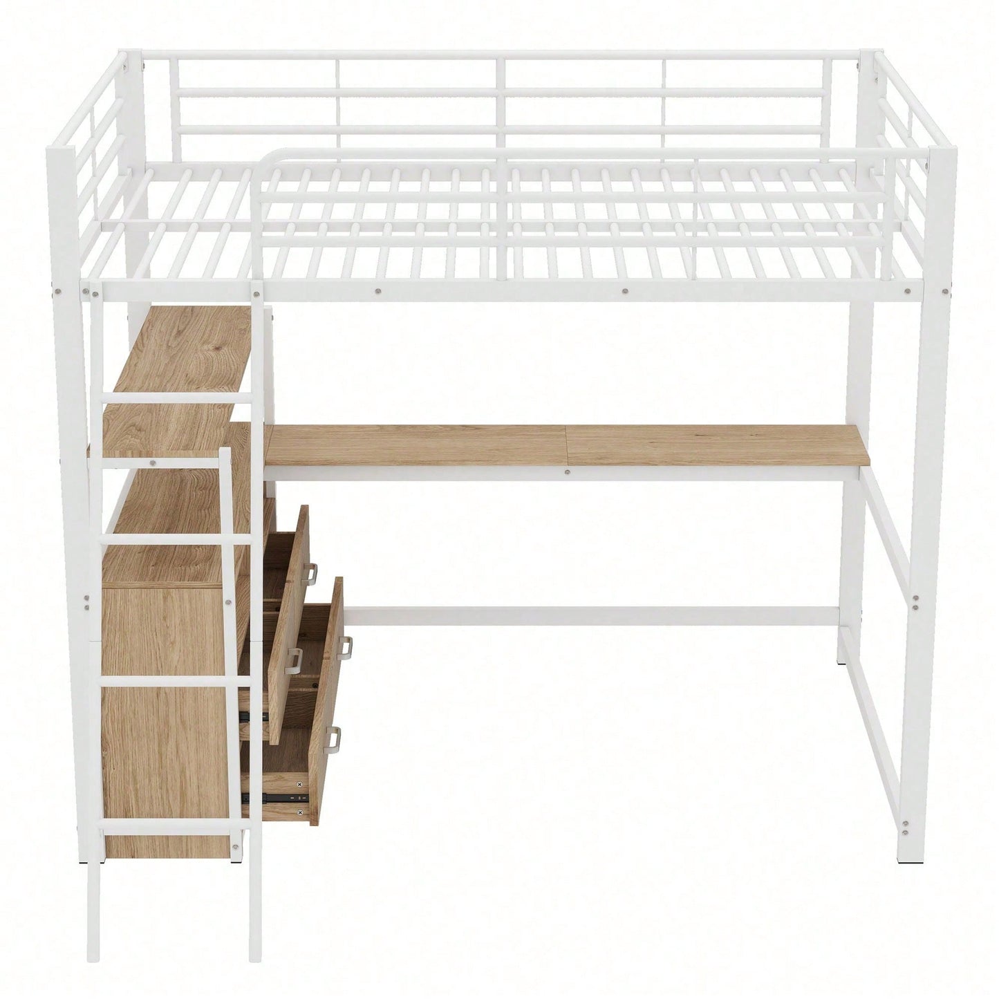 Hochbett, 140*200cm , Eisenrahmenbett, praktische Schubladen, stilvoller L-förmiger Schreibtisch, Laminatdesign, Ohne Matratze, Weiß