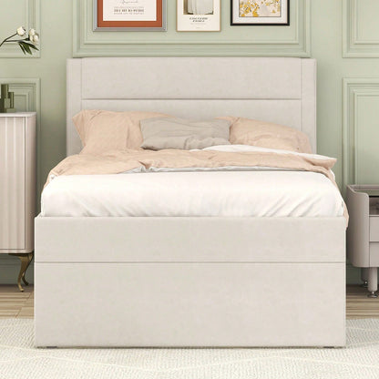 Polsterbett, 90 x 200, Einzelbett mit Lattenrost aus Metallrahmen, Großer Stauraum, Ohne Matratze, Beige, 200x90cm.