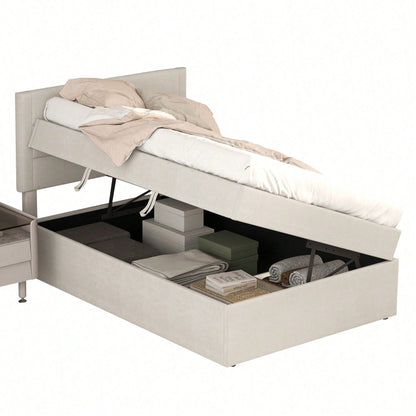Polsterbett, 90 x 200, Einzelbett mit Lattenrost aus Metallrahmen, Großer Stauraum, Ohne Matratze, Beige, 200x90cm.