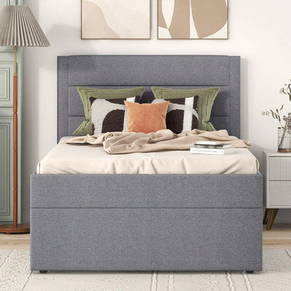 Polsterbett, 90 x 200, Einzelbett mit Lattenrost aus Metallrahmen, Großer Stauraum, Ohne Matratze, Beige, 200x90cm.