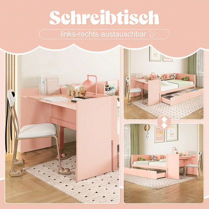 Flachbett, Holzbett, 90x200cm, mit Schreibtisch, ausgestattet mit 2 Schubladen, Einzelbett(Ohne Matratze), mit Regalen, Kiefer+Spanplatte, Rosa