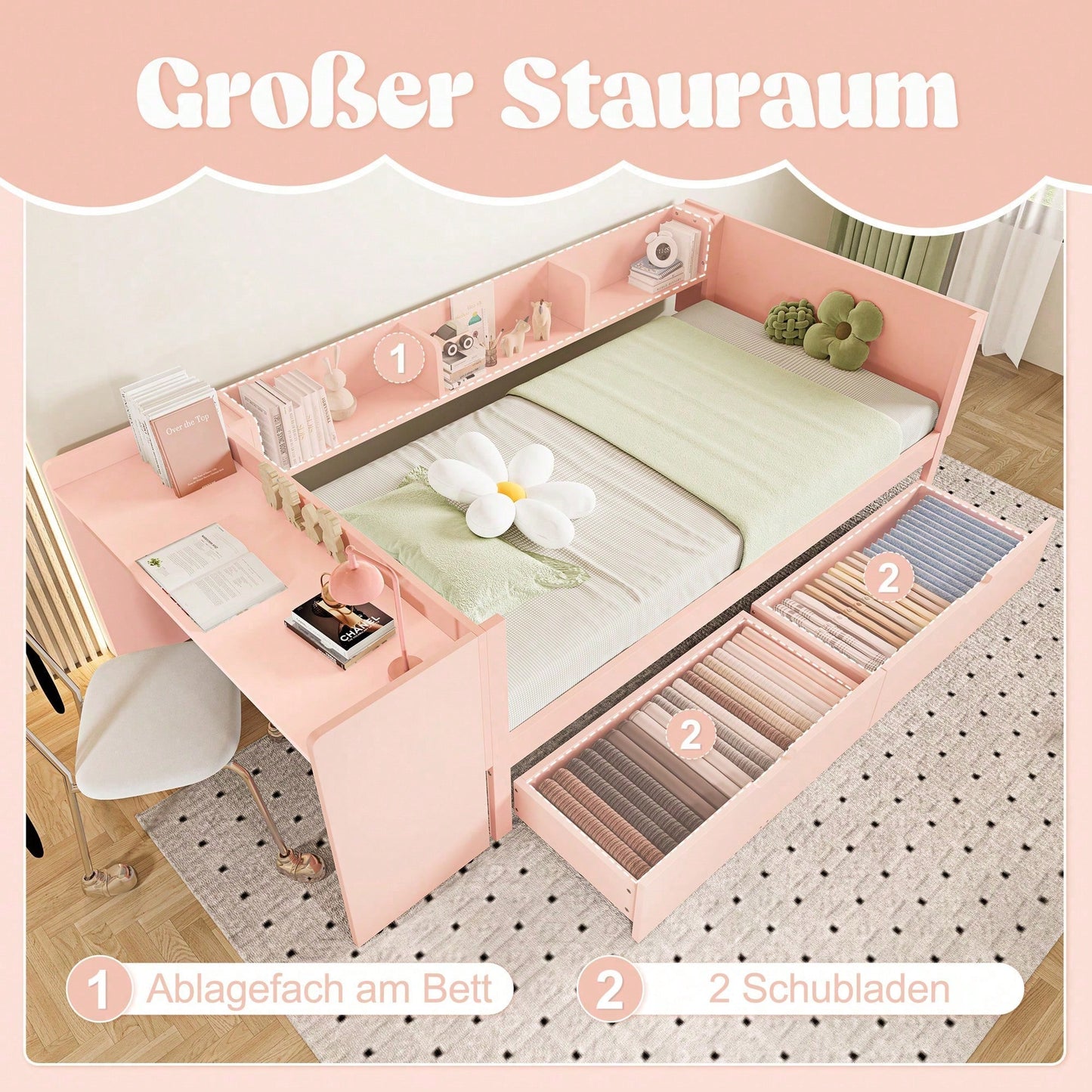 Flachbett, Holzbett, 90x200cm, mit Schreibtisch, ausgestattet mit 2 Schubladen, Einzelbett(Ohne Matratze), mit Regalen, Kiefer+Spanplatte, Rosa