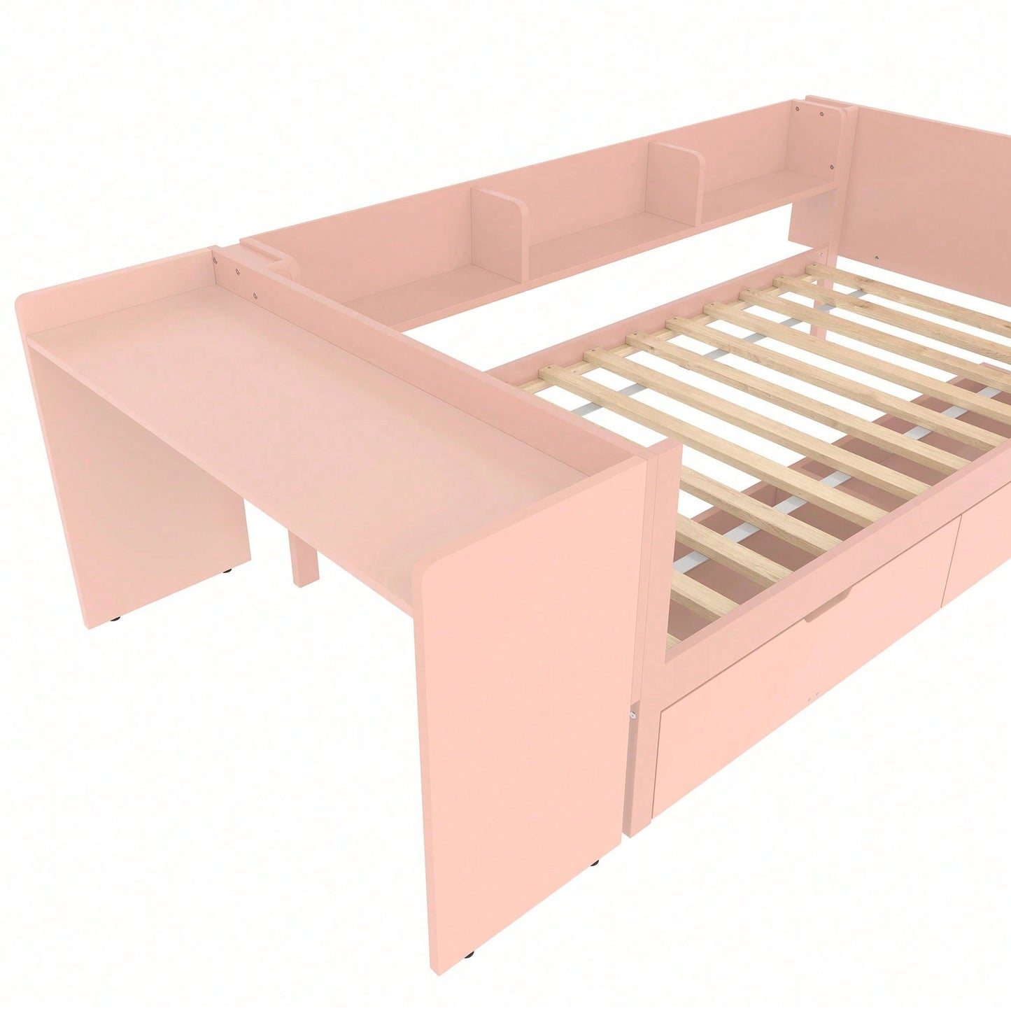 Flachbett, Holzbett, 90x200cm, mit Schreibtisch, ausgestattet mit 2 Schubladen, Einzelbett(Ohne Matratze), mit Regalen, Kiefer+Spanplatte, Rosa