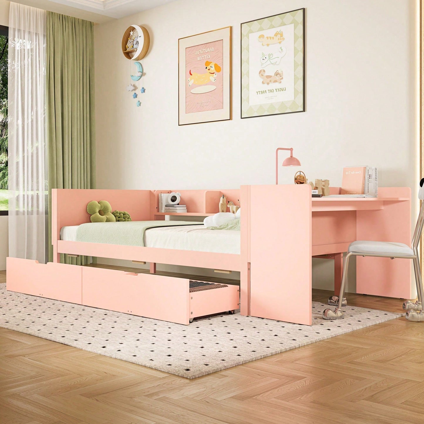 Flachbett, Holzbett, 90x200cm, mit Schreibtisch, ausgestattet mit 2 Schubladen, Einzelbett(Ohne Matratze), mit Regalen, Kiefer+Spanplatte, Rosa