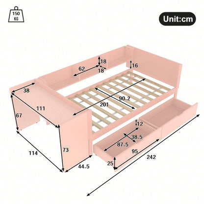 Flachbett, Holzbett, 90x200cm, mit Schreibtisch, ausgestattet mit 2 Schubladen, Einzelbett(Ohne Matratze), mit Regalen, Kiefer+Spanplatte, Rosa