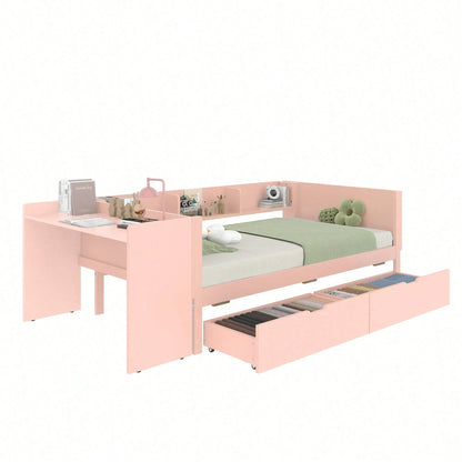 Flachbett, Holzbett, 90x200cm, mit Schreibtisch, ausgestattet mit 2 Schubladen, Einzelbett(Ohne Matratze), mit Regalen, Kiefer+Spanplatte, Rosa