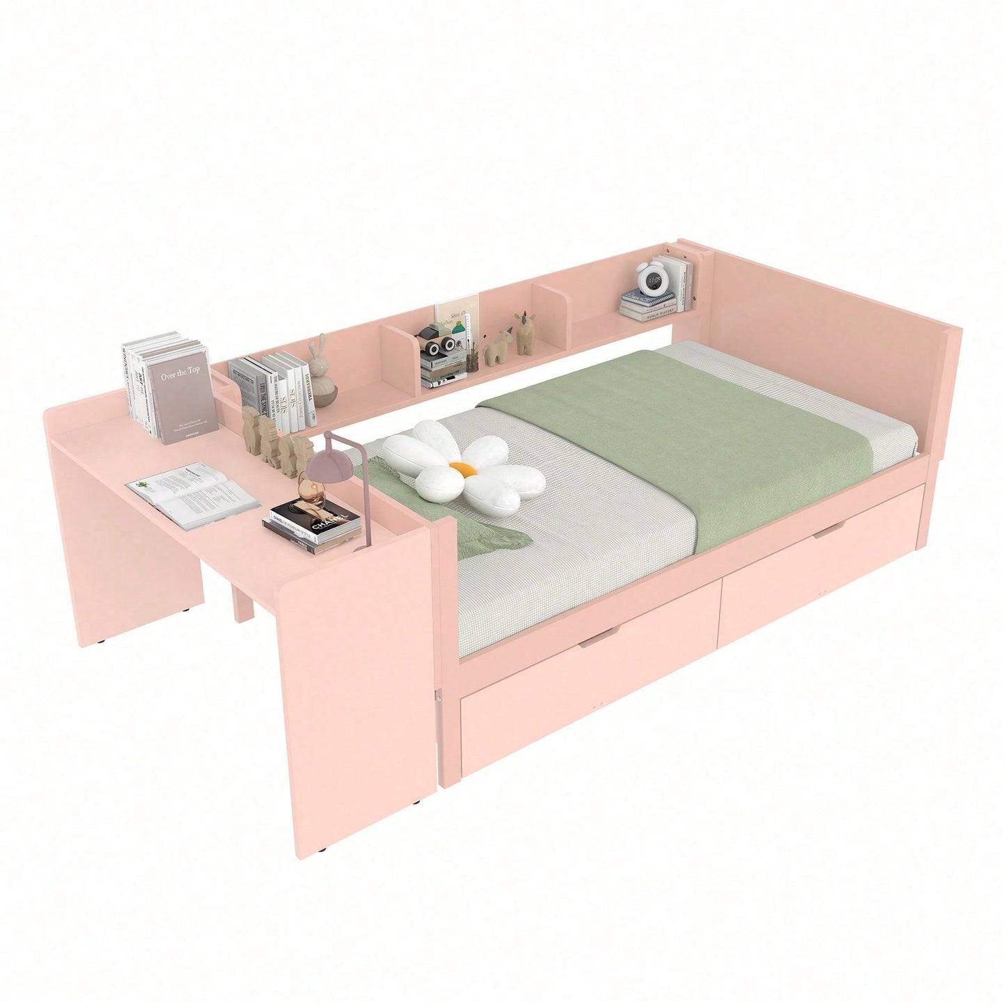 Flachbett, Holzbett, 90x200cm, mit Schreibtisch, ausgestattet mit 2 Schubladen, Einzelbett(Ohne Matratze), mit Regalen, Kiefer+Spanplatte, Rosa