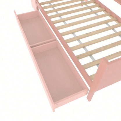 Flachbett, Holzbett, 90x200cm, mit Schreibtisch, ausgestattet mit 2 Schubladen, Einzelbett(Ohne Matratze), mit Regalen, Kiefer+Spanplatte, Rosa