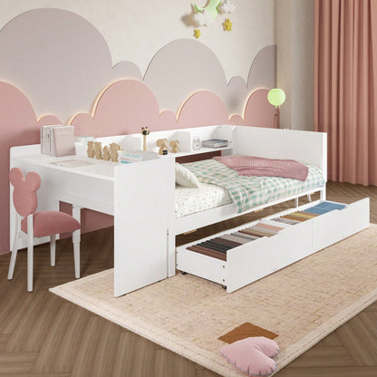 Flachbett, Holzbett, 90x200cm, mit Schreibtisch, ausgestattet mit 2 Schubladen, Einzelbett(Ohne Matratze), mit Regalen, Kiefer+Spanplatte, Rosa