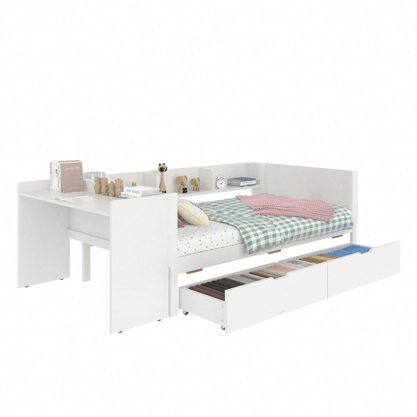 Flachbett, Holzbett, 90x200cm, mit Schreibtisch, ausgestattet mit 2 Schubladen, Einzelbett(Ohne Matratze), mit Regalen, Kiefer+Spanplatte, Rosa