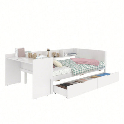 Flachbett, Holzbett, 90x200cm, mit Schreibtisch, ausgestattet mit 2 Schubladen, Einzelbett(Ohne Matratze), mit Regalen, Kiefer+Spanplatte, Rosa
