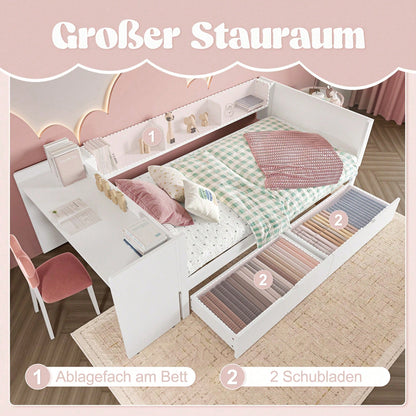 Flachbett, Holzbett, 90x200cm, mit Schreibtisch, ausgestattet mit 2 Schubladen, Einzelbett(Ohne Matratze), mit Regalen, Kiefer+Spanplatte, Rosa