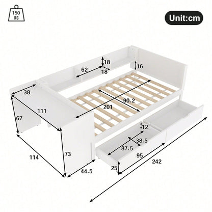 Flachbett, Holzbett, 90x200cm, mit Schreibtisch, ausgestattet mit 2 Schubladen, Einzelbett(Ohne Matratze), mit Regalen, Kiefer+Spanplatte, Rosa