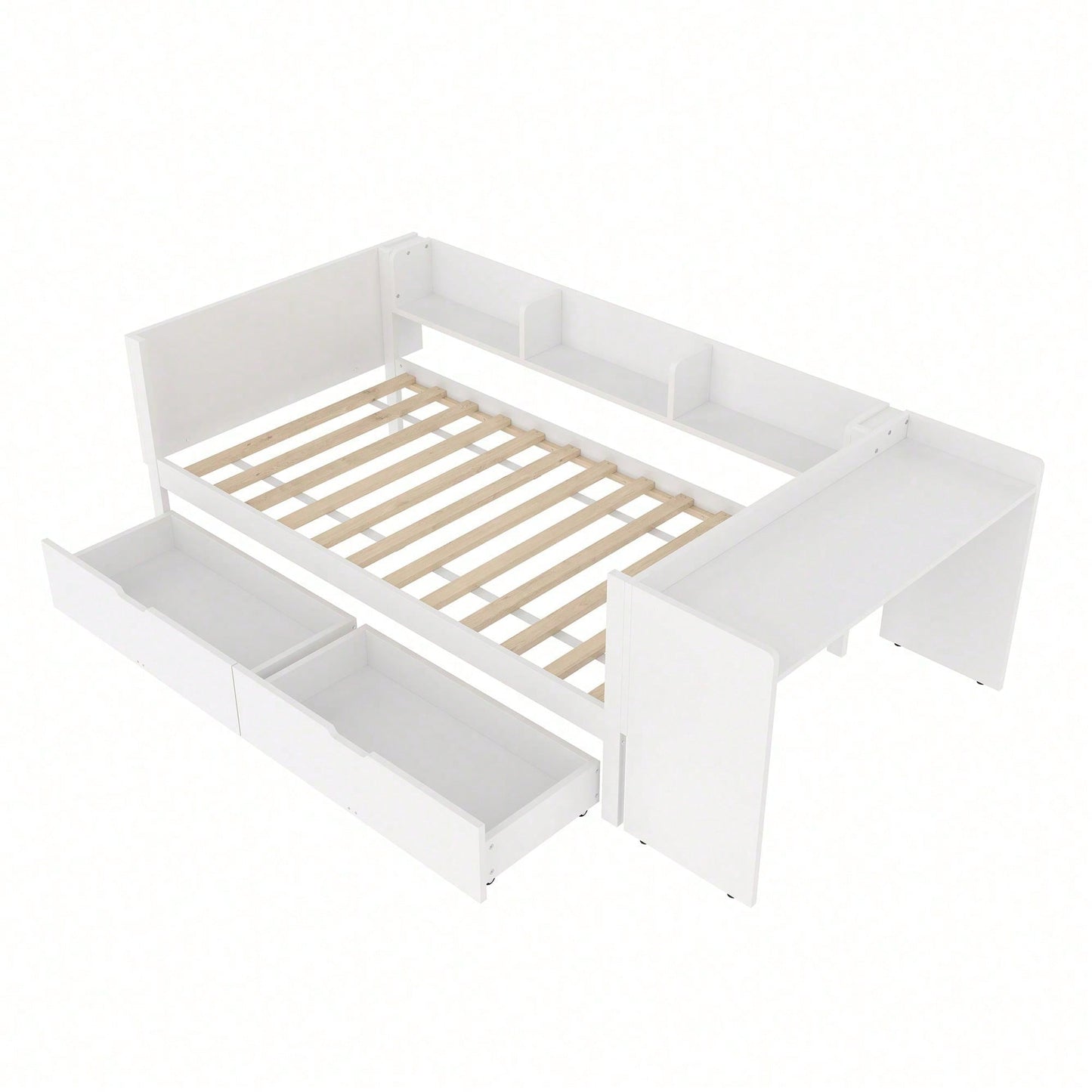 Flachbett, Holzbett, 90x200cm, mit Schreibtisch, ausgestattet mit 2 Schubladen, Einzelbett(Ohne Matratze), mit Regalen, Kiefer+Spanplatte, Rosa
