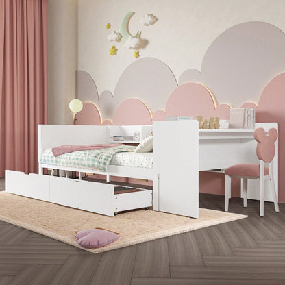 Flachbett, Holzbett, 90x200cm, mit Schreibtisch, ausgestattet mit 2 Schubladen, Einzelbett(Ohne Matratze), mit Regalen, Kiefer+Spanplatte, Rosa