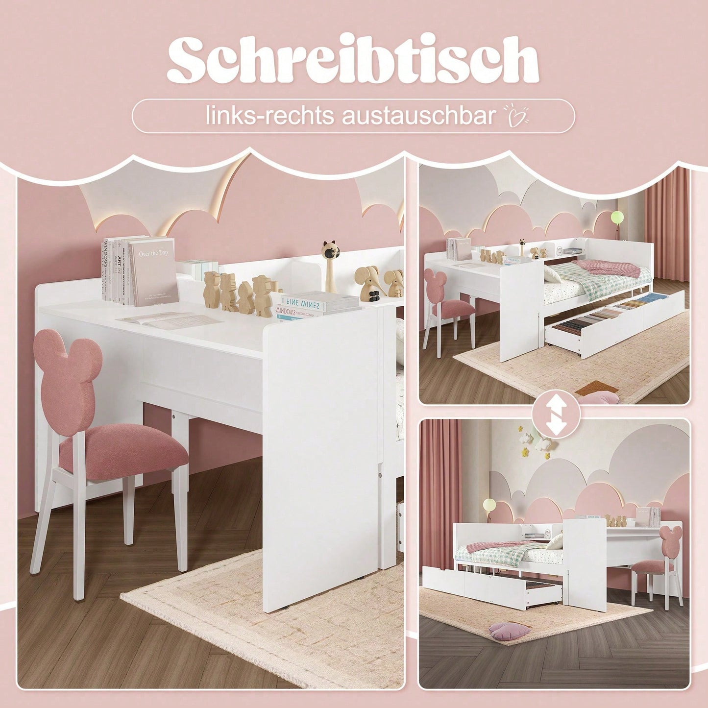 Flachbett, Holzbett, 90x200cm, mit Schreibtisch, ausgestattet mit 2 Schubladen, Einzelbett(Ohne Matratze), mit Regalen, Kiefer+Spanplatte, Rosa