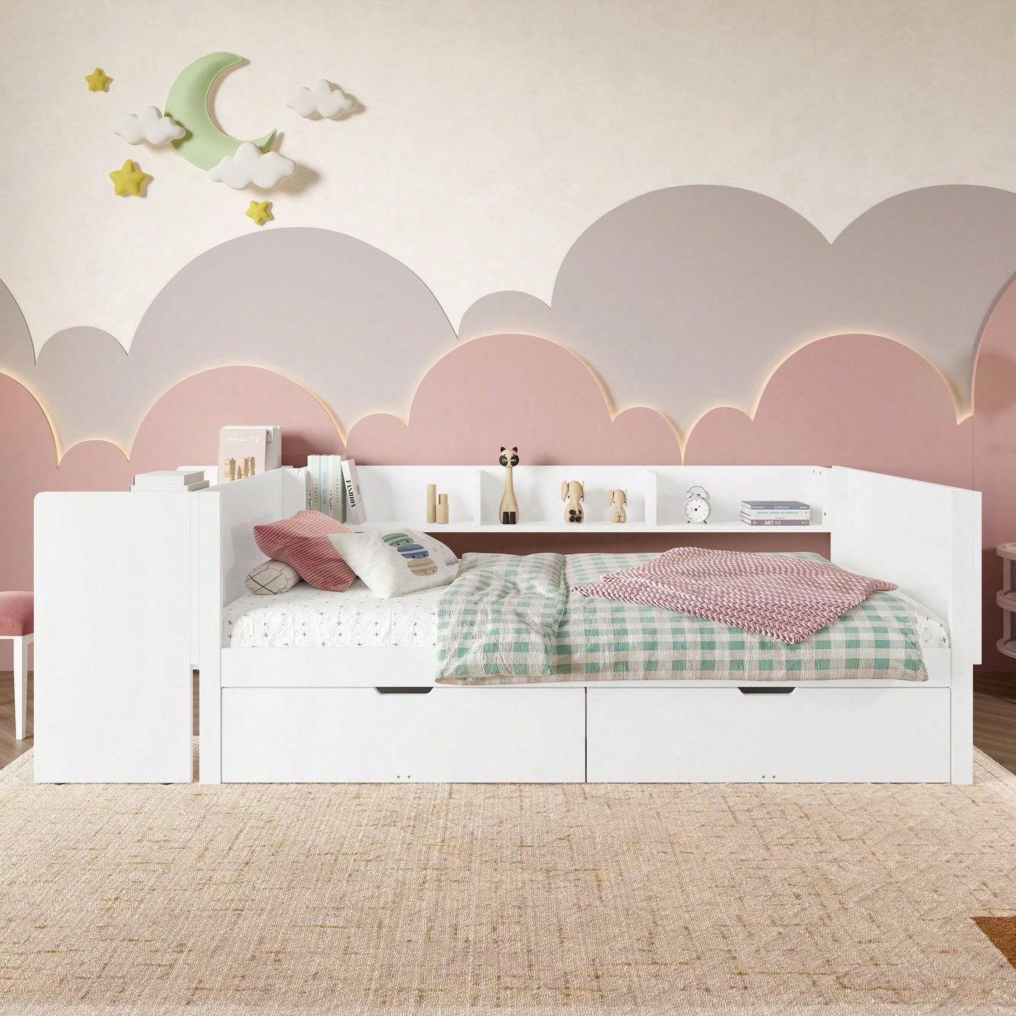 Flachbett, Holzbett, 90x200cm, mit Schreibtisch, ausgestattet mit 2 Schubladen, Einzelbett(Ohne Matratze), mit Regalen, Kiefer+Spanplatte, Rosa