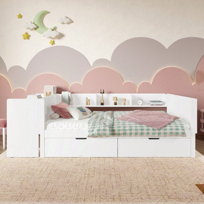Flachbett, Holzbett, 90x200cm, mit Schreibtisch, ausgestattet mit 2 Schubladen, Einzelbett(Ohne Matratze), mit Regalen, Kiefer+Spanplatte, Rosa