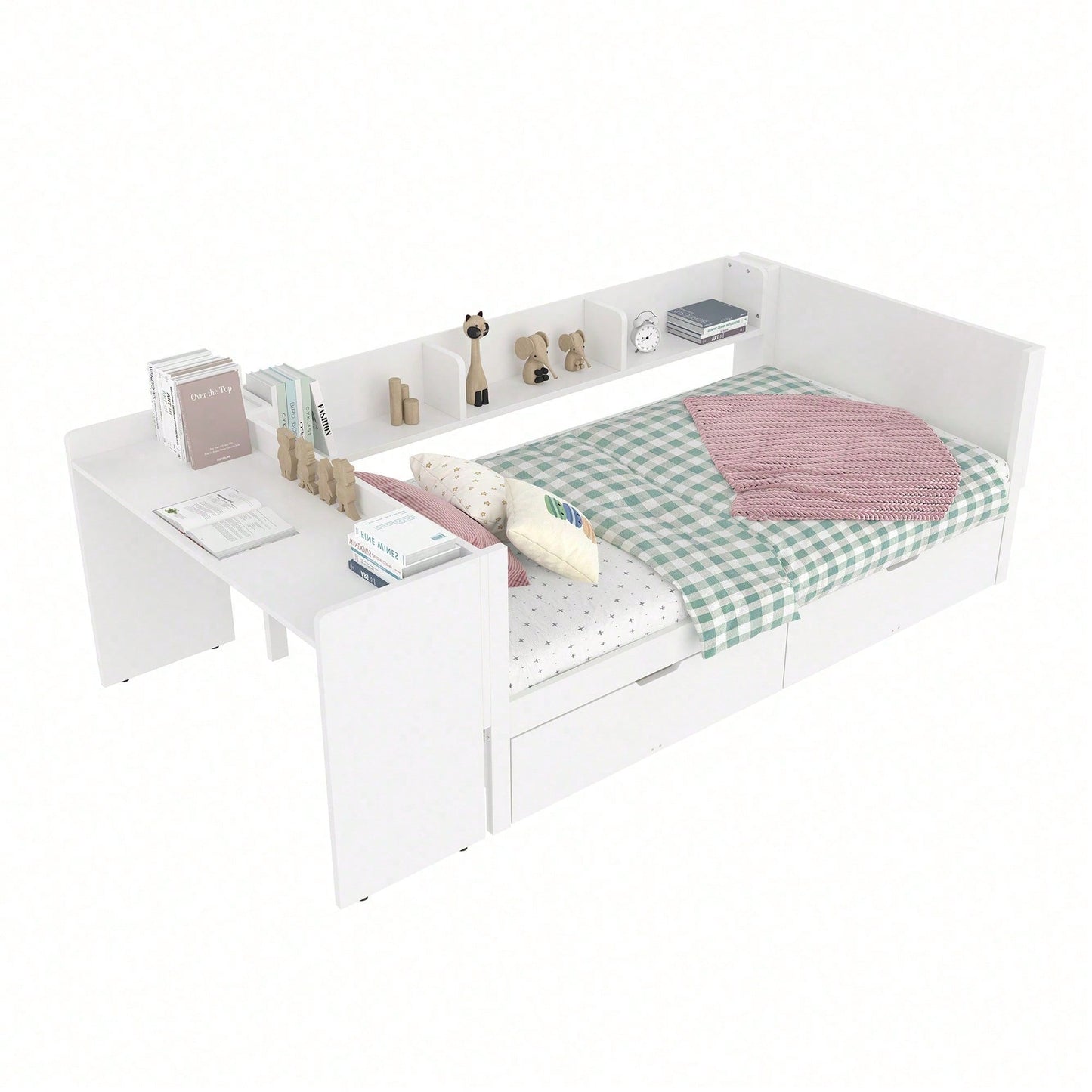 Flachbett, Holzbett, 90x200cm, mit Schreibtisch, ausgestattet mit 2 Schubladen, Einzelbett(Ohne Matratze), mit Regalen, Kiefer+Spanplatte, Rosa