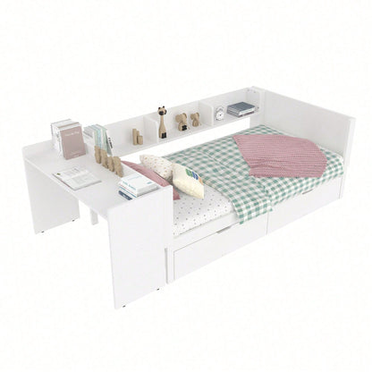 Flachbett, Holzbett, 90x200cm, mit Schreibtisch, ausgestattet mit 2 Schubladen, Einzelbett(Ohne Matratze), mit Regalen, Kiefer+Spanplatte, Rosa
