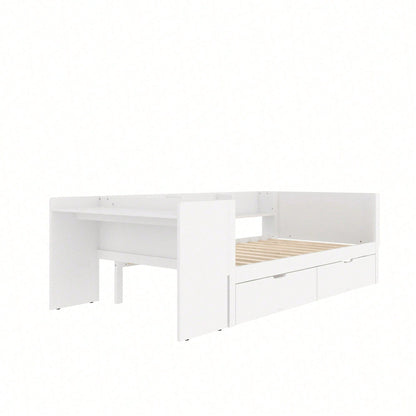 Flachbett, Holzbett, 90x200cm, mit Schreibtisch, ausgestattet mit 2 Schubladen, Einzelbett(Ohne Matratze), mit Regalen, Kiefer+Spanplatte, Rosa