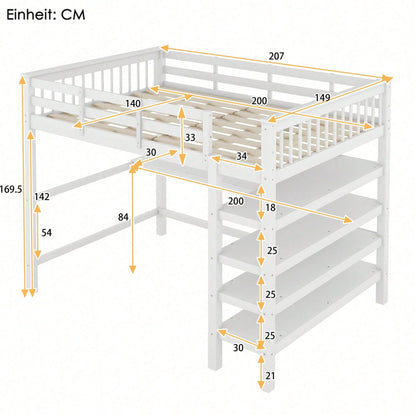 Hochbett, 140 x 200 ,Kinderhochbett mit Ablagefächern und Unterbettschreibtisch,Ohne Matratze, Grau