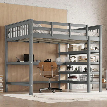 Hochbett, 140 x 200 ,Kinderhochbett mit Ablagefächern und Unterbettschreibtisch,Ohne Matratze, Grau