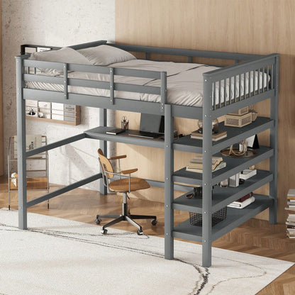 Hochbett, 140 x 200 ,Kinderhochbett mit Ablagefächern und Unterbettschreibtisch,Ohne Matratze, Grau