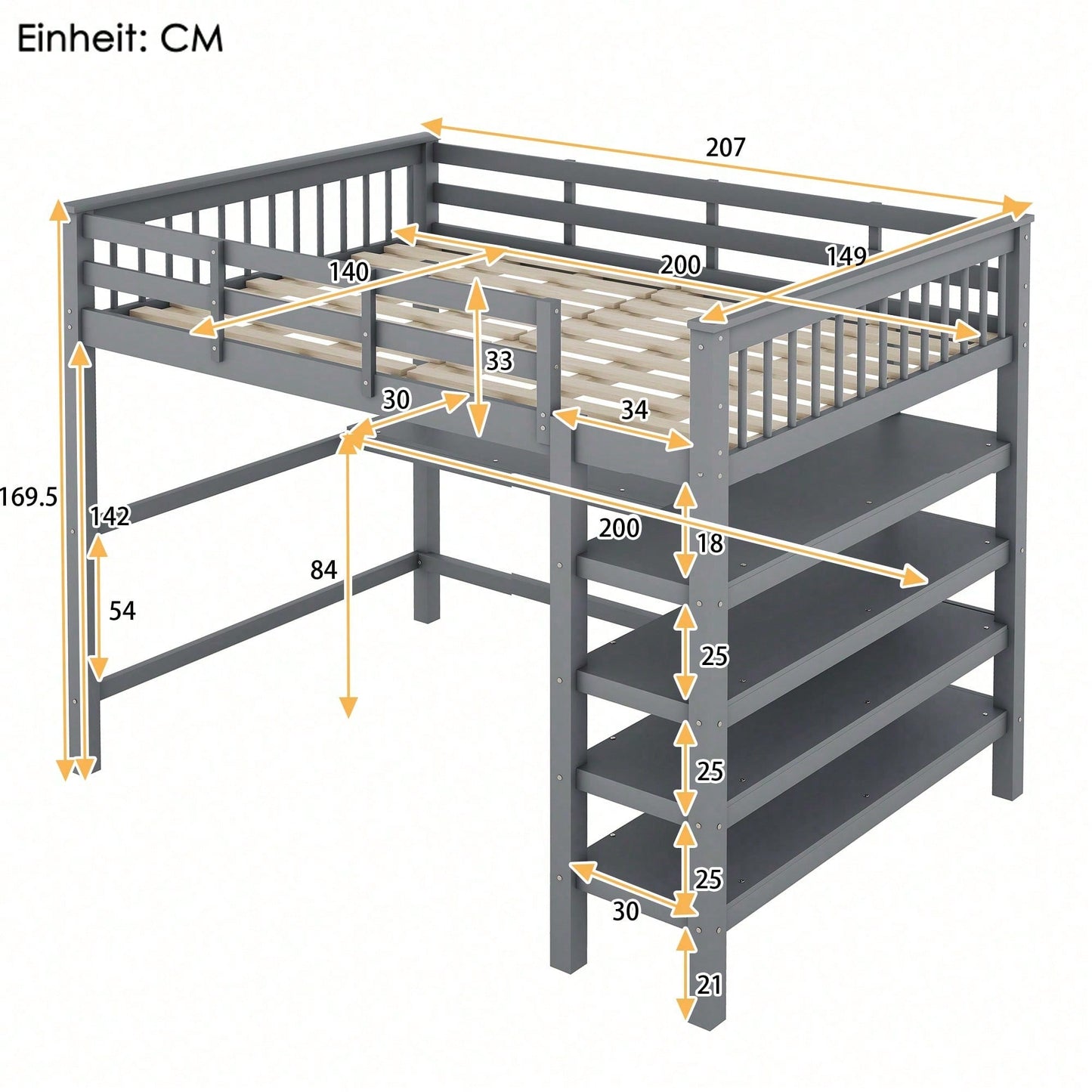 Hochbett, 140 x 200 ,Kinderhochbett mit Ablagefächern und Unterbettschreibtisch,Ohne Matratze, Grau