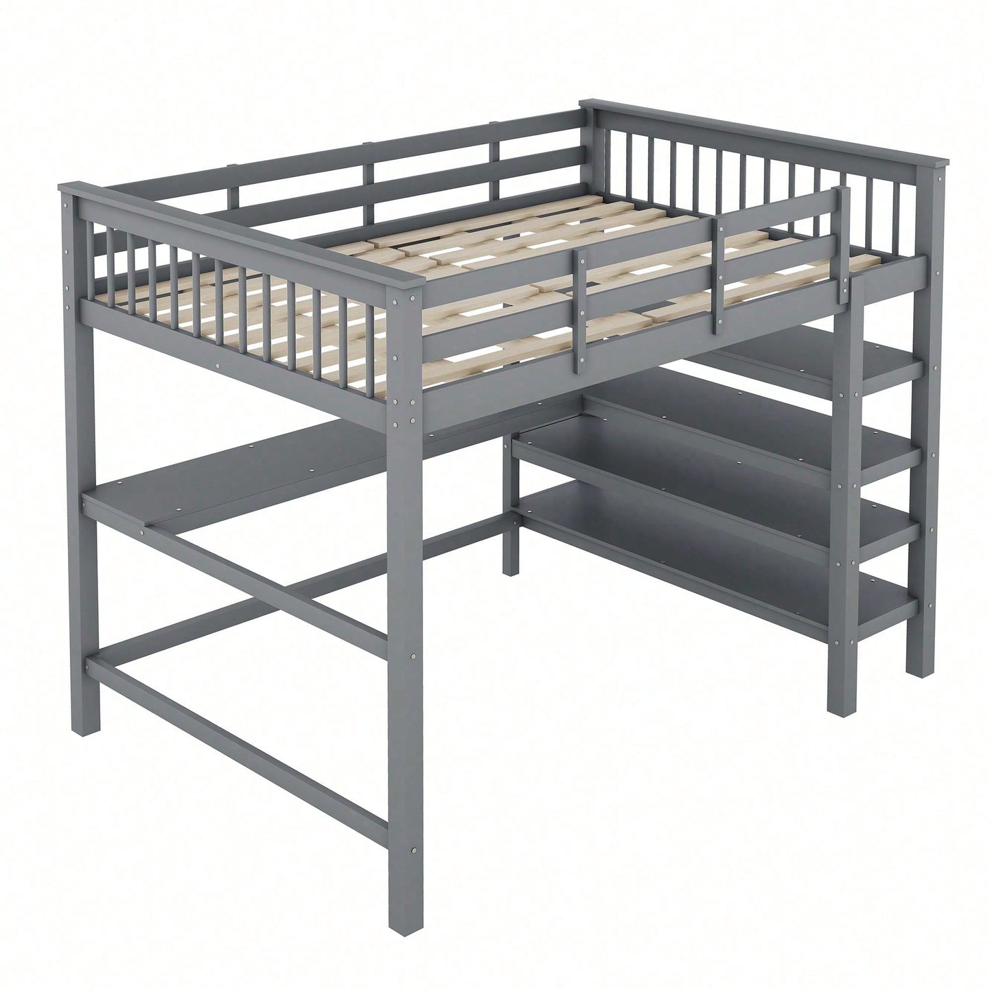 Hochbett, 140 x 200 ,Kinderhochbett mit Ablagefächern und Unterbettschreibtisch,Ohne Matratze, Grau