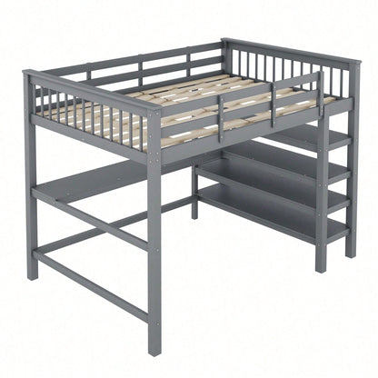 Hochbett, 140 x 200 ,Kinderhochbett mit Ablagefächern und Unterbettschreibtisch,Ohne Matratze, Grau