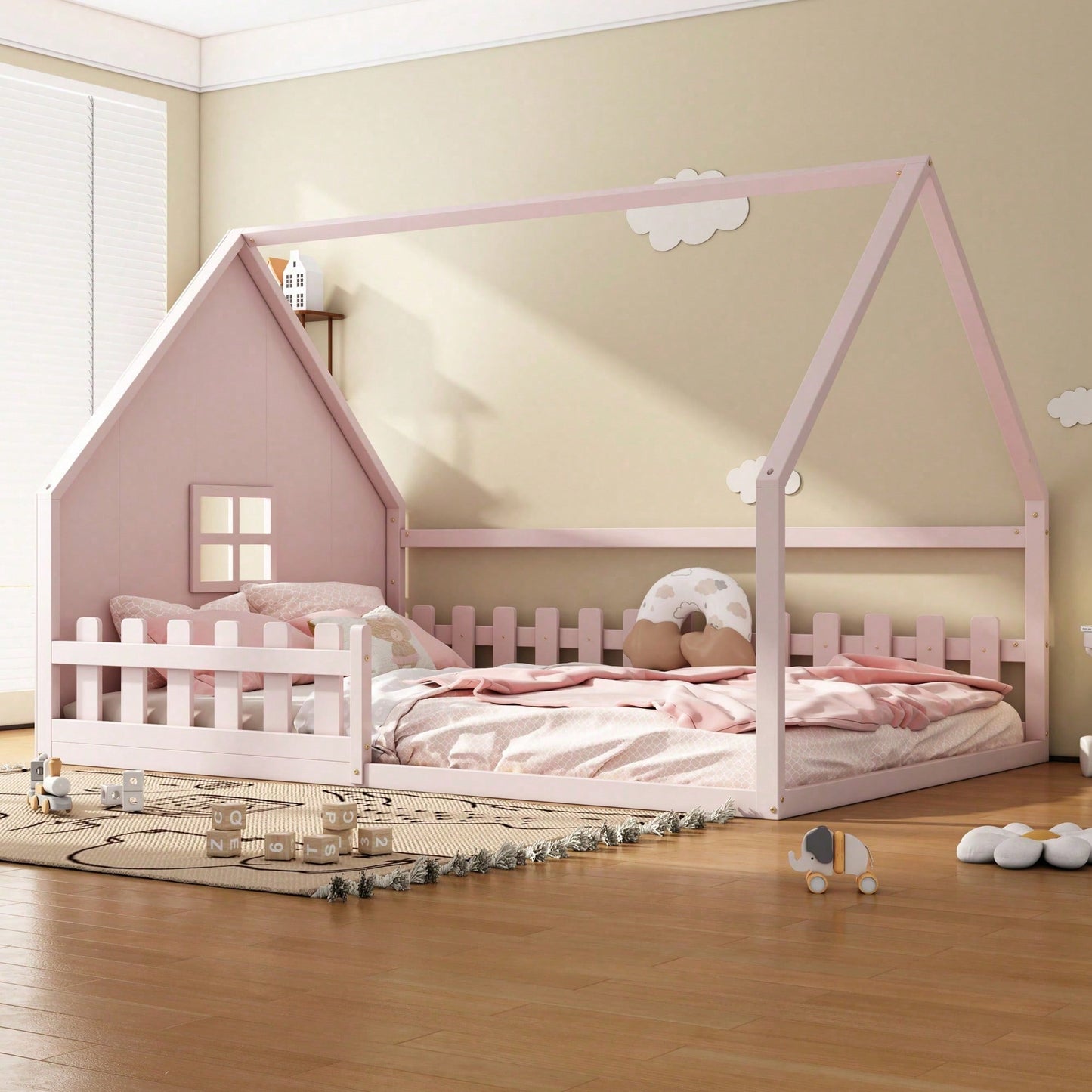 Flachbett, 140*200 cm, Kinderbett, Hausleiste, Geländer, Kiefernholz, Rosa