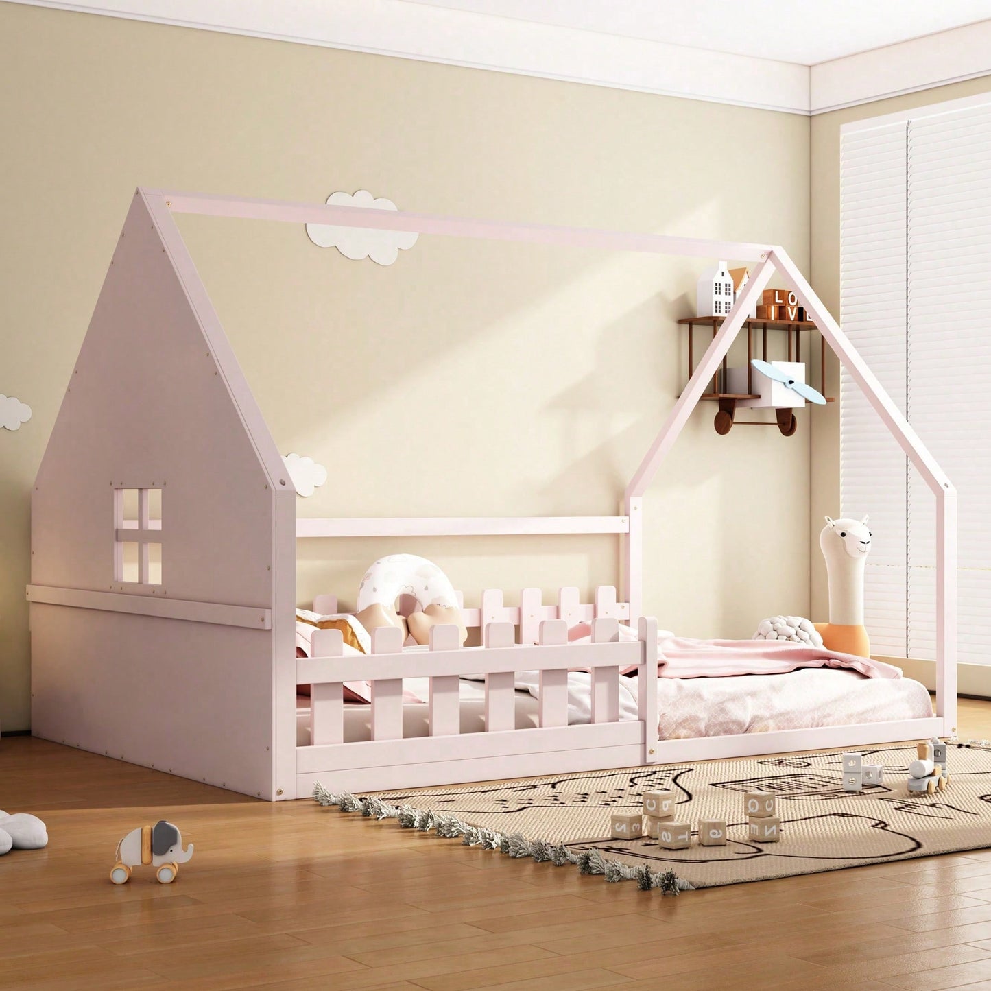 Flachbett, 140*200 cm, Kinderbett, Hausleiste, Geländer, Kiefernholz, Rosa