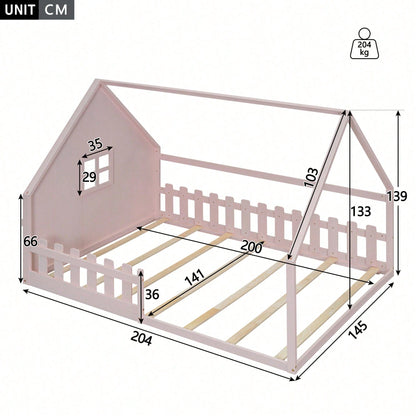 Flachbett, 140*200 cm, Kinderbett, Hausleiste, Geländer, Kiefernholz, Rosa