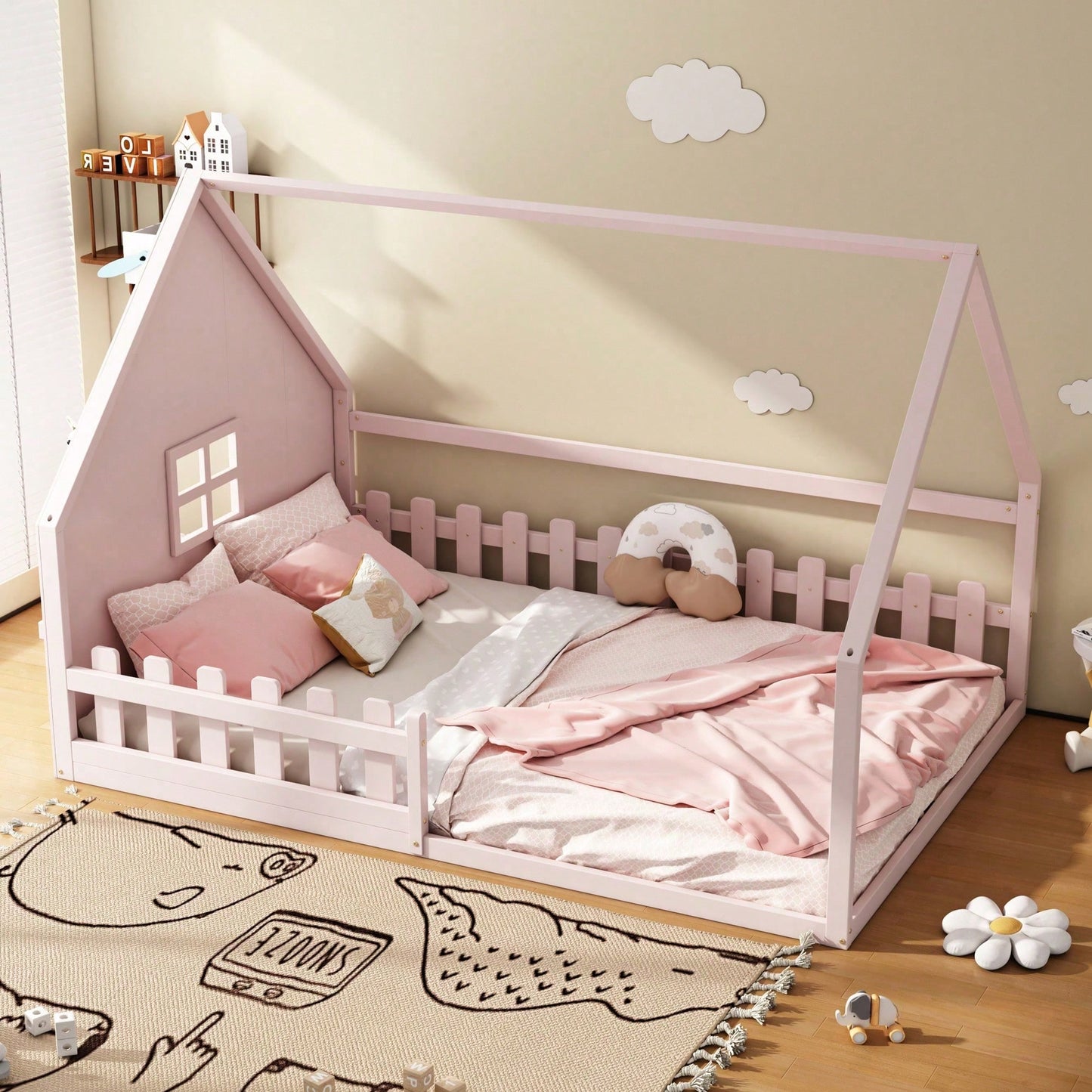 Flachbett, 140*200 cm, Kinderbett, Hausleiste, Geländer, Kiefernholz, Rosa