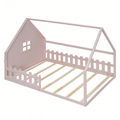 Flachbett, 140*200 cm, Kinderbett, Hausleiste, Geländer, Kiefernholz, Rosa