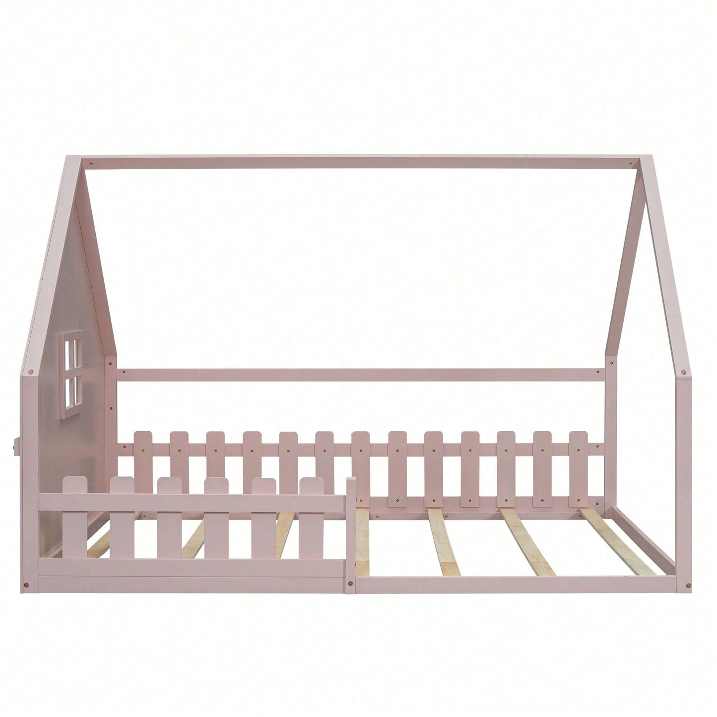 Flachbett, 140*200 cm, Kinderbett, Hausleiste, Geländer, Kiefernholz, Rosa