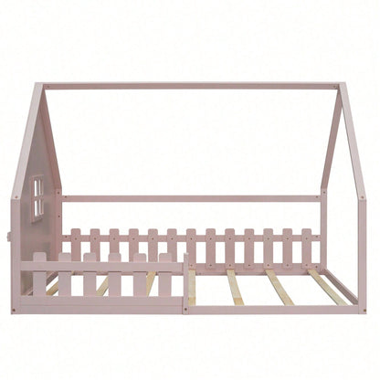 Flachbett, 140*200 cm, Kinderbett, Hausleiste, Geländer, Kiefernholz, Rosa