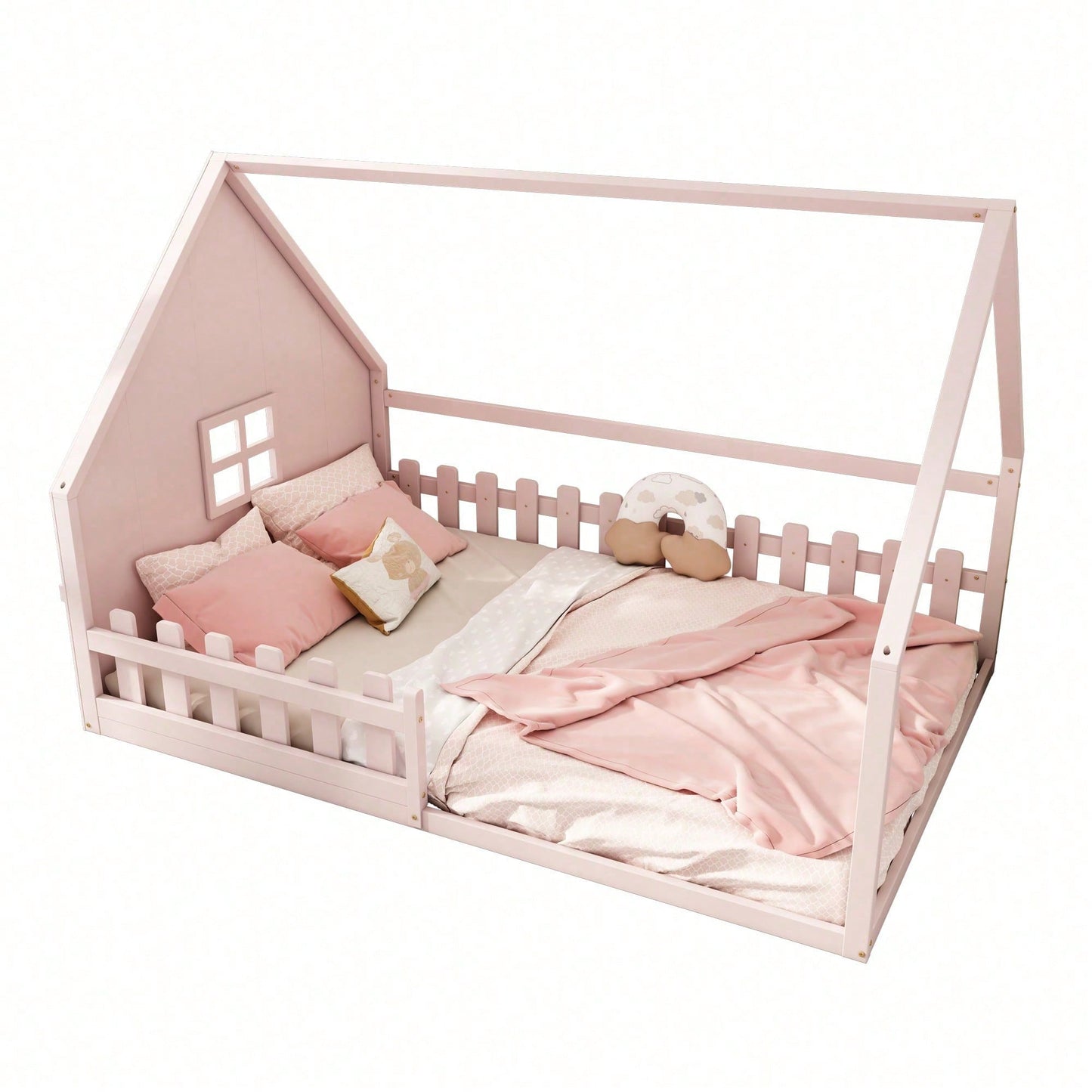 Flachbett, 140*200 cm, Kinderbett, Hausleiste, Geländer, Kiefernholz, Rosa