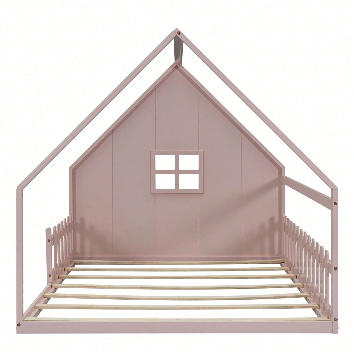 Flachbett, 140*200 cm, Kinderbett, Hausleiste, Geländer, Kiefernholz, Rosa